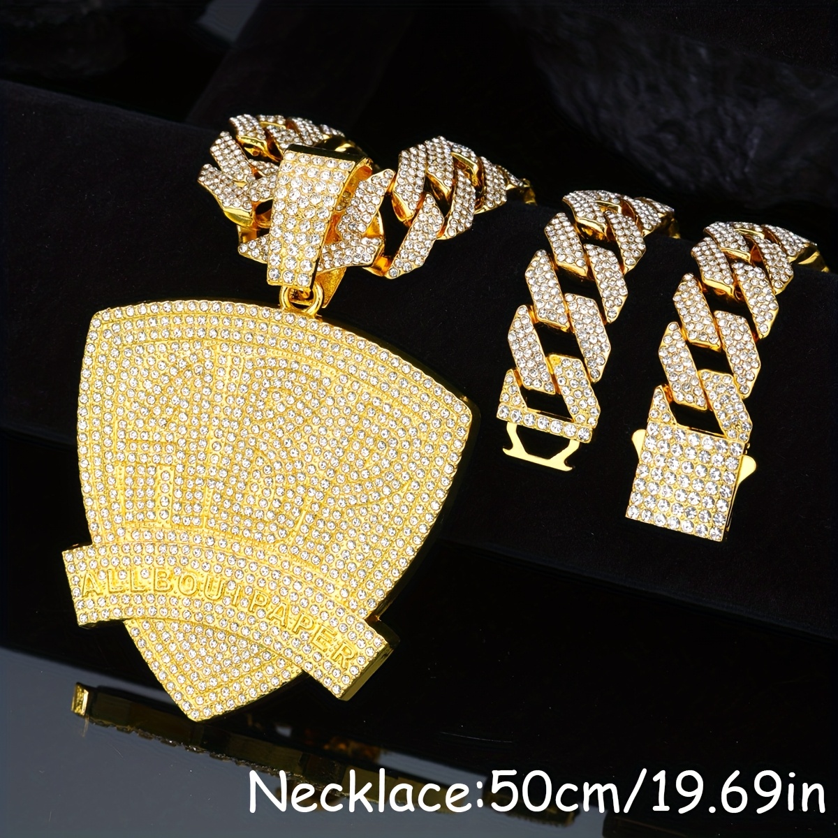 Hip Hop Jewelry Set Triangle Pendant & Rhinestone Chain Necklace for Men